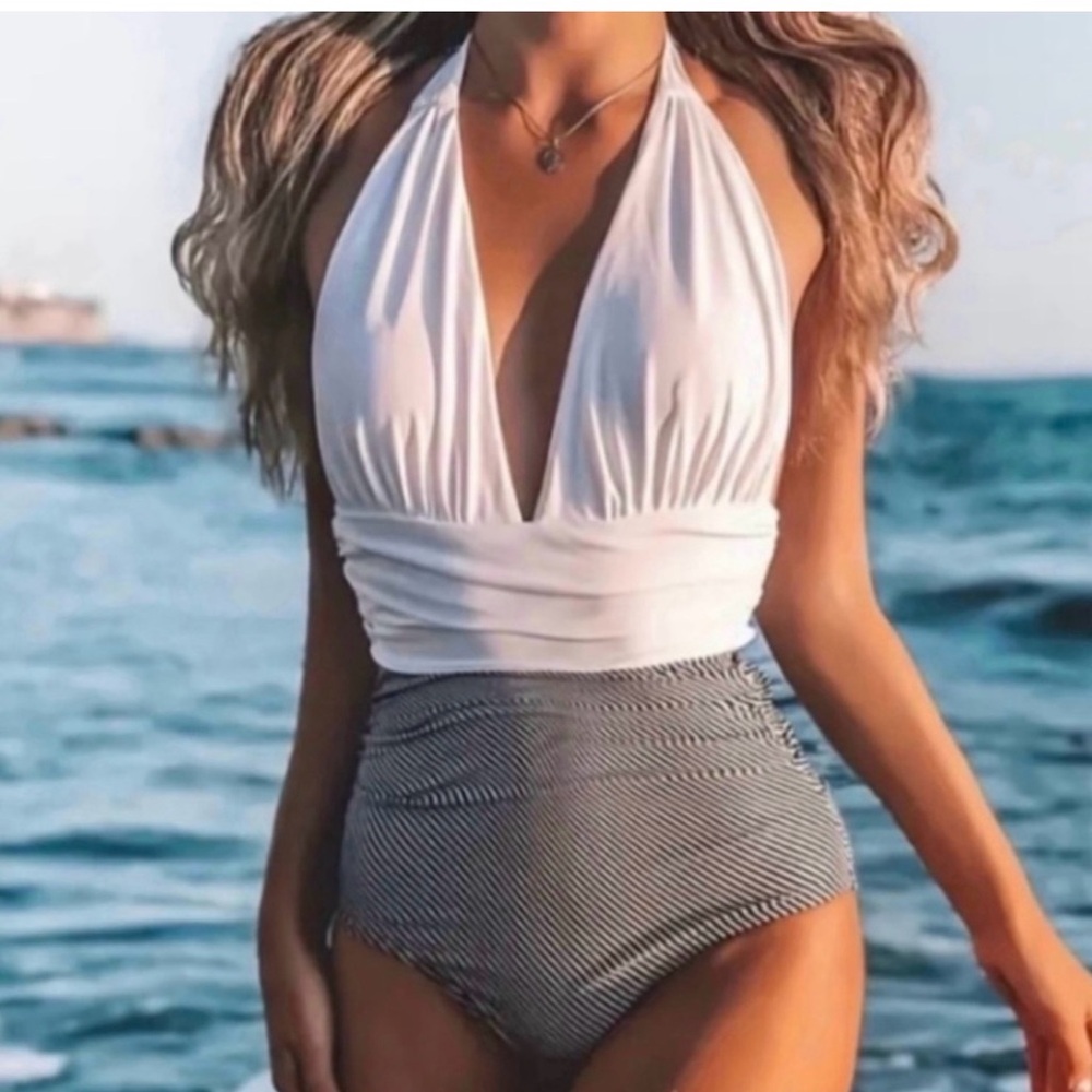 White Halter Neck Swimsuit with Striped High-Waisted Bottoms